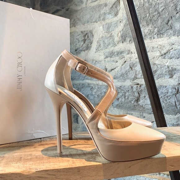 Jimmy Choo Ivory Nude Leather Tulip Platform Pumps - Picture 1 of 10